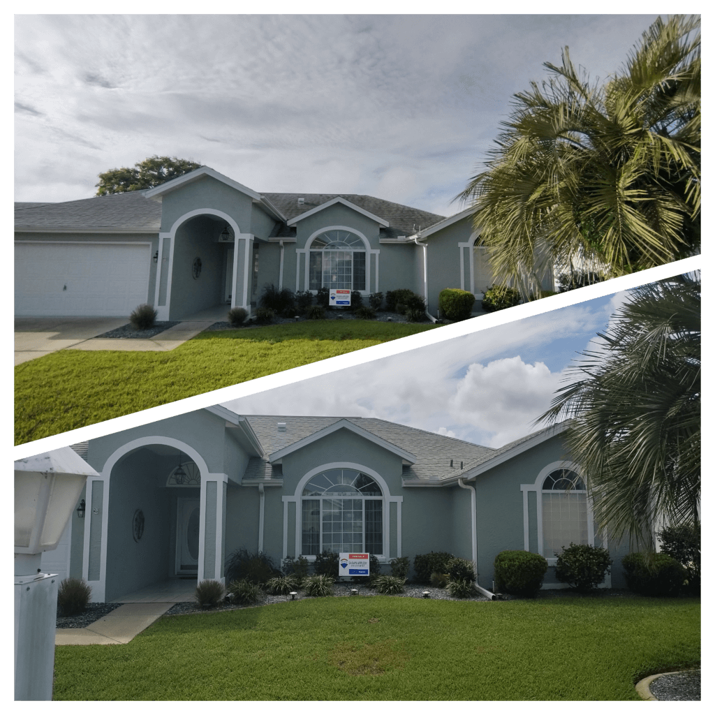Before and after images of a light blue/gray stucco house with white trim. The top image is slightly faded and the driveway is visible. The bottom image shows the house exterior fully cleaned and the colors are vibrant.