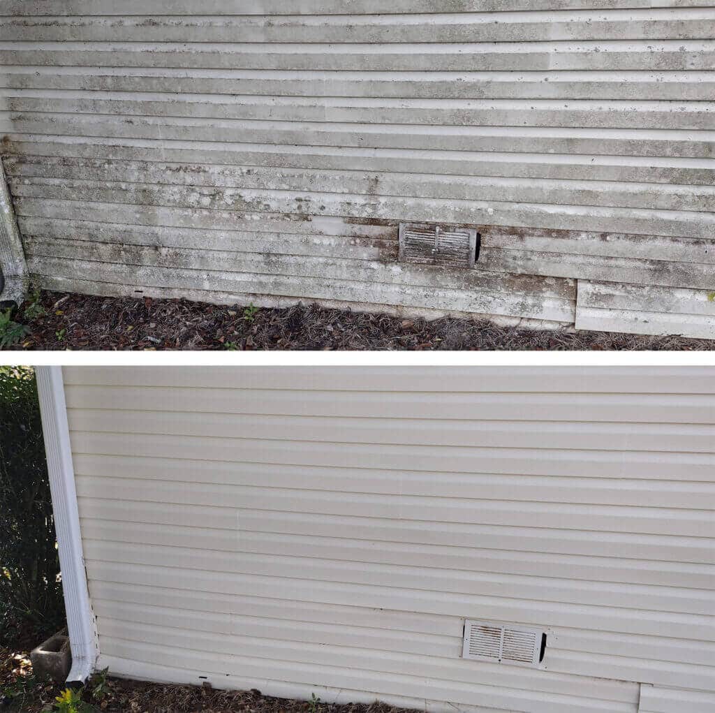 Before and after images of mobile home vinyl siding, showcasing significant cleaning results by Starr's & Stripes PowerWash, highlighting the removal of dirt and grime for enhanced curb appeal.