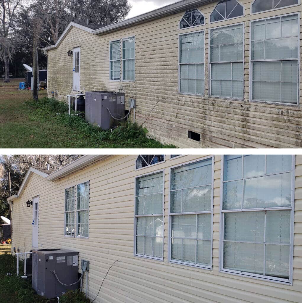 Before and after images of vinyl siding cleaning, showcasing significant removal of dirt and grime, emphasizing the effectiveness of Starr&rsquo;s & Stripes PowerWash services for mobile home exterior maintenance.