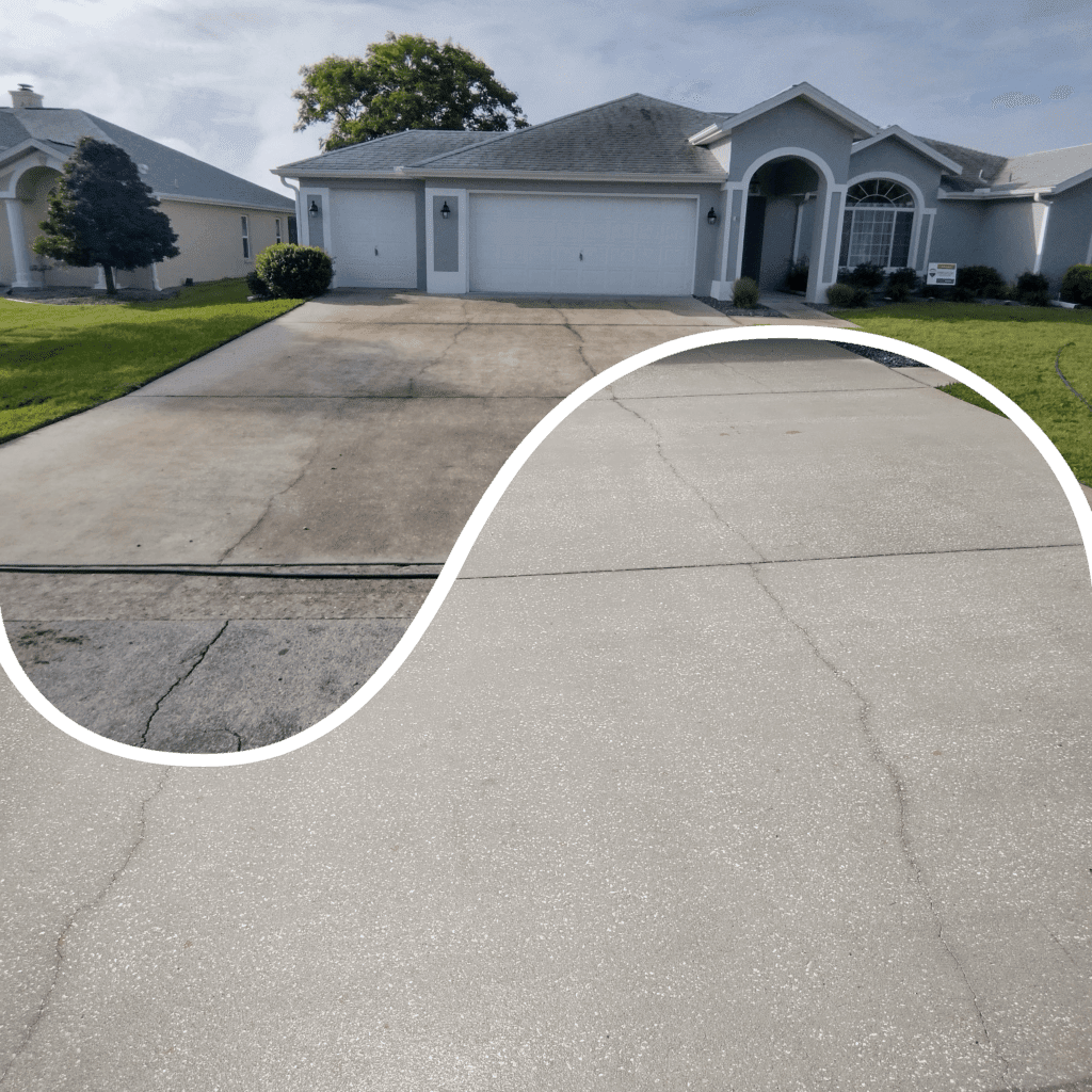 Composite image showing the striking before-and-after difference of a residential concrete driveway after professional pressure washing, with a light gray house in the background.