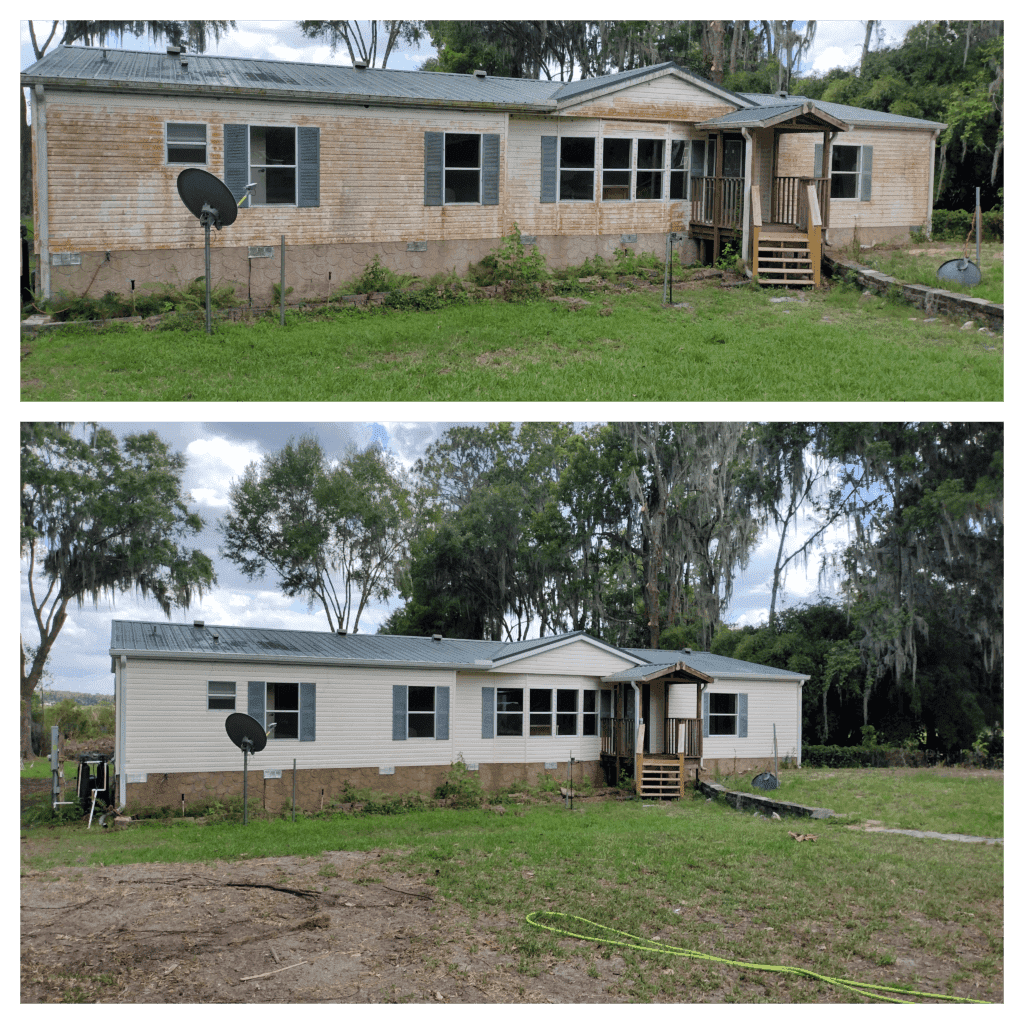 Before-and-after images of a mobile home exterior cleaning, showcasing significant transformation from dirty, weathered siding to a clean, well-maintained appearance, emphasizing the effectiveness of professional mobile home washing services in Ocala by Starr's & Stripes PowerWash.