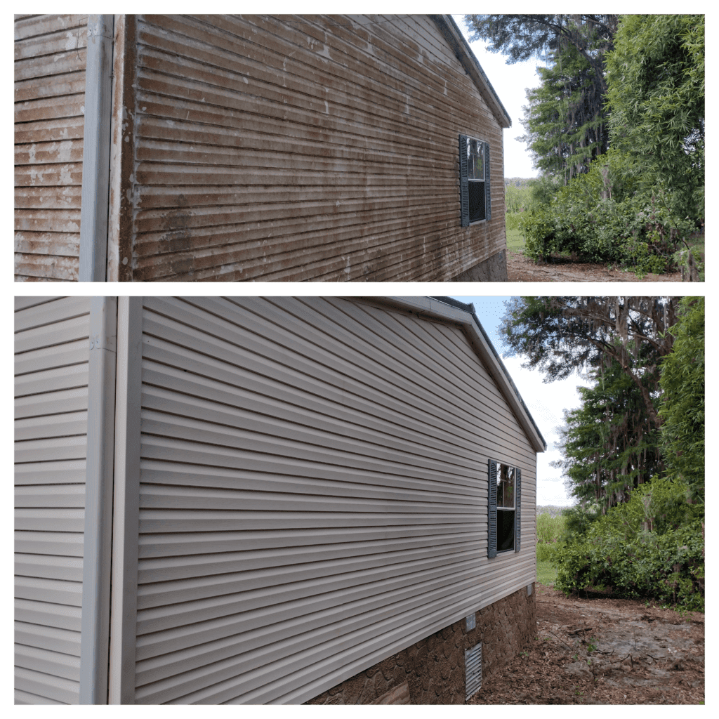 Side-by-side comparison of a house's tan horizontal siding before and after soft washing, showcasing removal of algae and grime for a clean exterior.