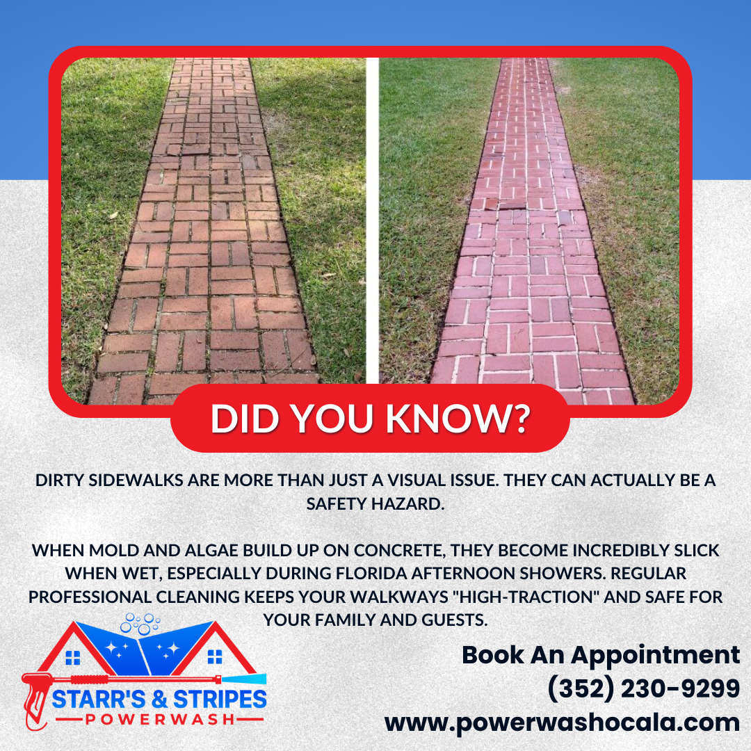 Before and after comparison of a red brick walkway being cleaned to remove slippery mold and algae.