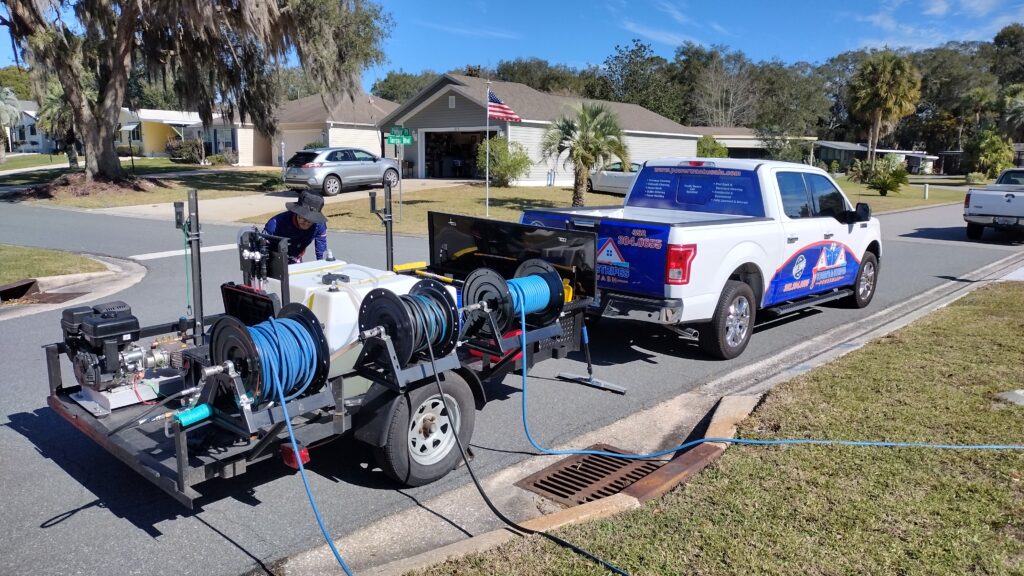 A white pickup truck with cleaning equipment is parked on a suburban street. Attached is a trailer loaded with hoses and tanks. A worker is attending to the setup under a sunny, clear sky. An American flag is visible in the background near a house.