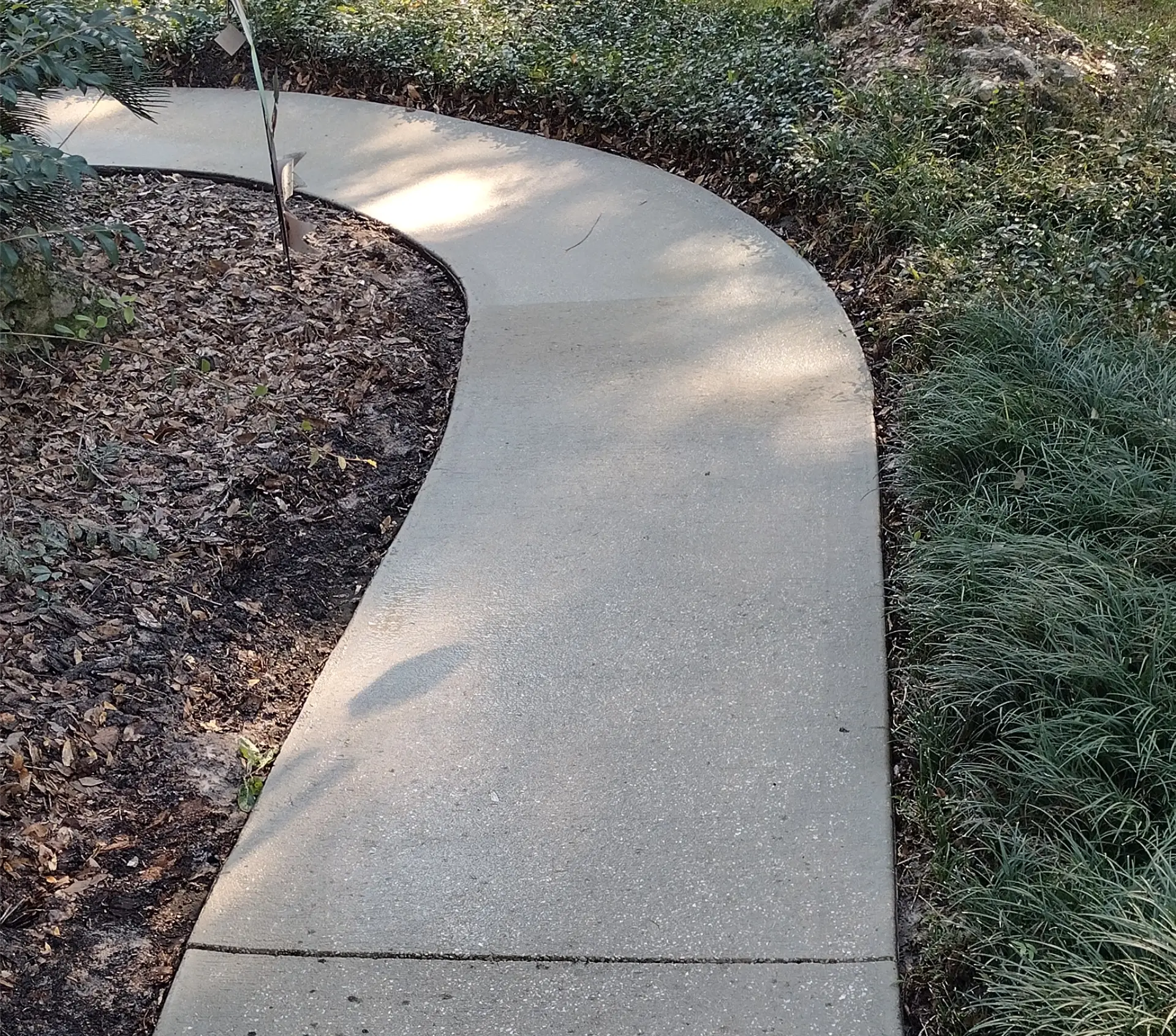 A curved concrete path leads through a garden with mulch on the left and dense green grass on the right, creating a serene, natural setting.