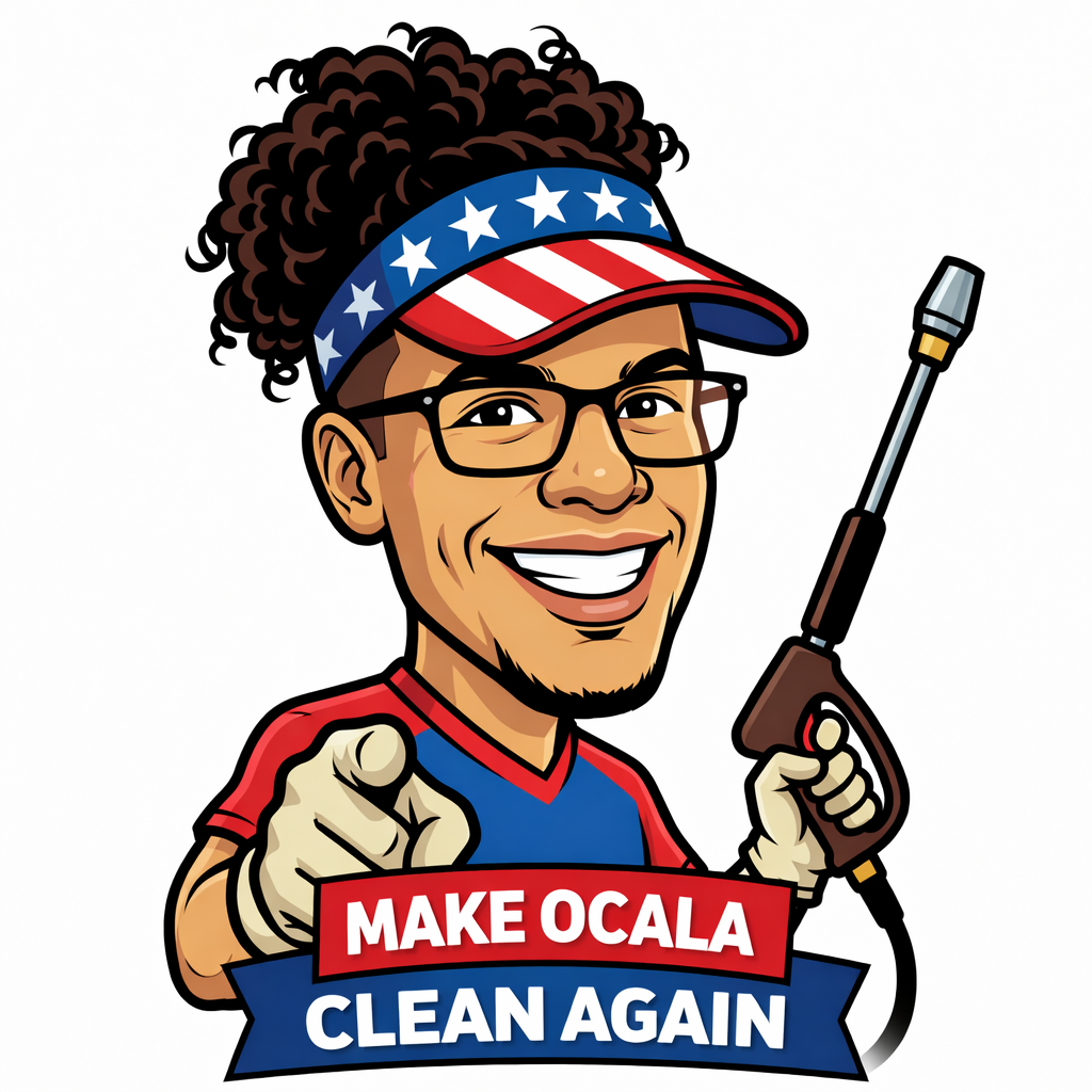 Cartoon of a smiling man with glasses, curly hair, and a star-spangled visor, holding a pressure washer. Below, a banner reads "Make Ocala Clean Again."