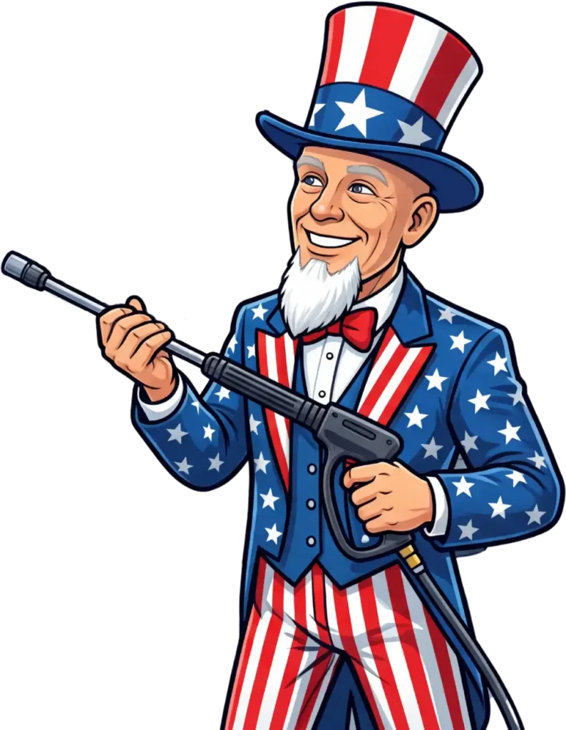 New Contact 1 A patriotic cartoon mascot of Uncle Sam holding a professional pressure washer wand, designed for commercial pressure washing services in Dallas, TX.