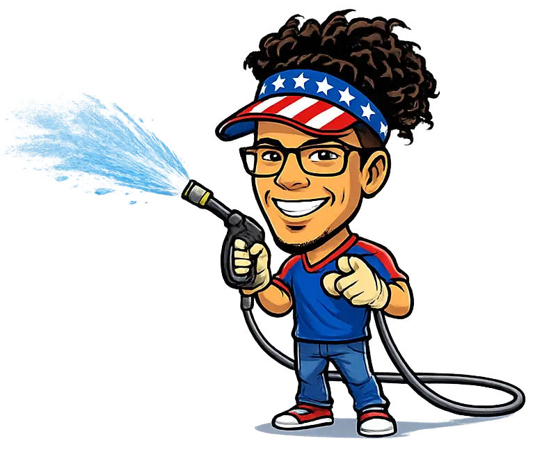 A cartoon mascot character wearing a patriotic stars-and-stripes visor holds a power washer wand spraying water, representing professional exterior cleaning services Ocala FL.
