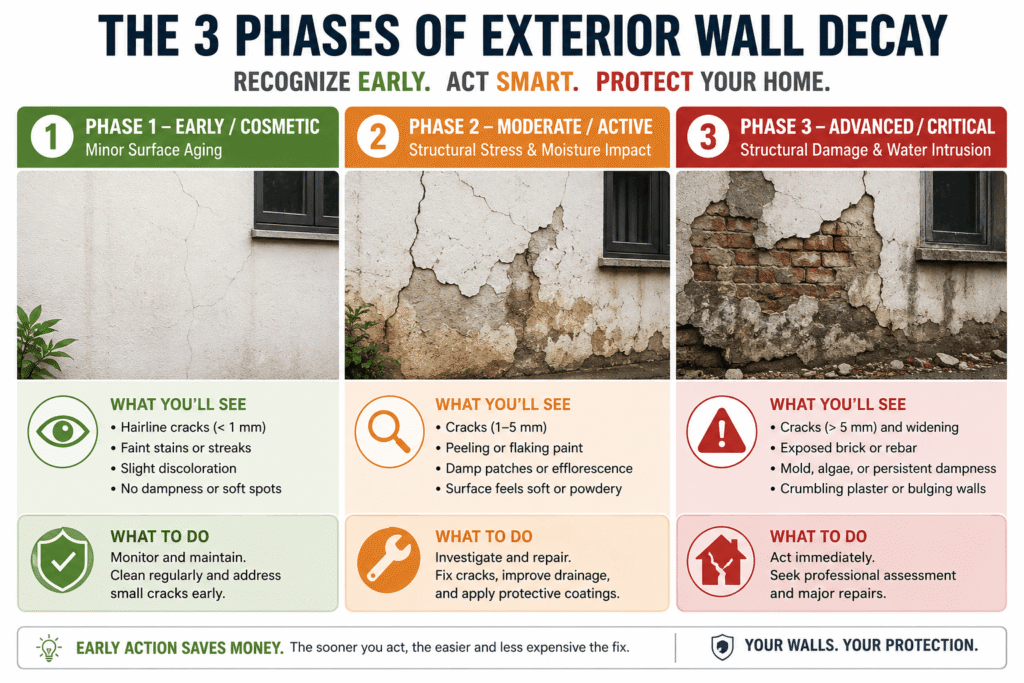 Stop Ruinous Stucco Damage in Ocala: Proven Humidity Solutions 2 An educational infographic titled 'The 3 Phases of Exterior Wall Decay' outlining stucco and brick damage over time, optimized for homeowners seeking exterior wall repair in Dallas, Texas.