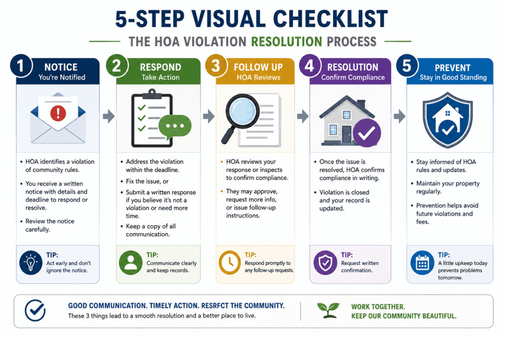 Stop Ocala HOA Warning Letters: Proven Summer Cleaning Guide 3 An educational infographic titled '5-Step Visual Checklist: The HOA Violation Resolution Process' detailing notice, response, follow-up, resolution, and prevention steps for homeowners, optimized for HOA property management in Orlando, FL.