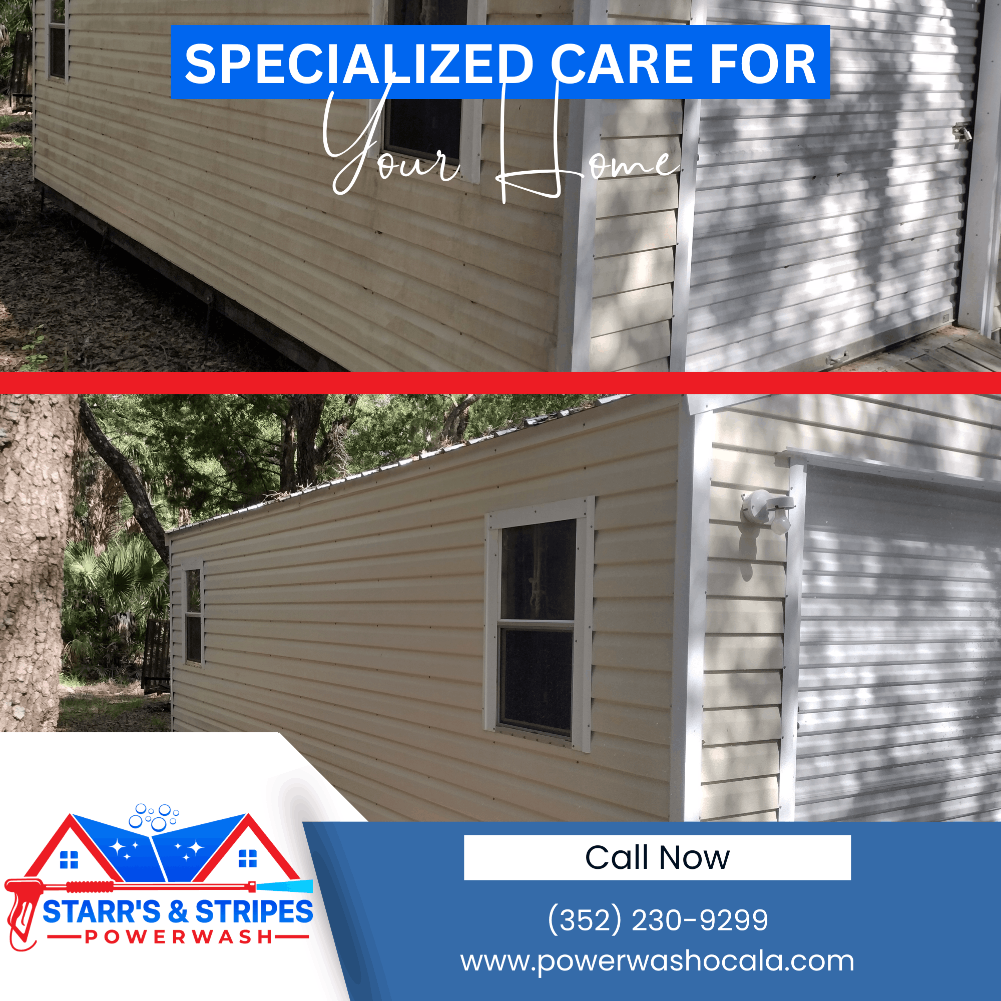 In the file ocala-pool-screen-enclosure-cleaning-service.jpg, a before-and-after promotional graphic illustrates a dramatic transformation from a professional house washing Ocala FL. The top image shows vinyl siding covered in heavy green algae and dirt, while the bottom image showcases the completely restored, clean siding alongside company contact info.