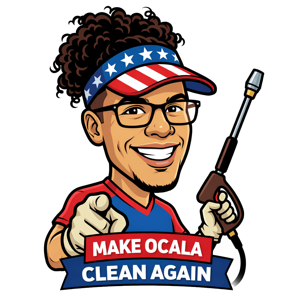 Stucco Cleaning 2 Cartoon mascot wearing glasses and an American flag visor, smiling and holding a power washing wand above a banner reading Make Ocala Clean Again, representing professional pressure washing services in Ocala, FL.