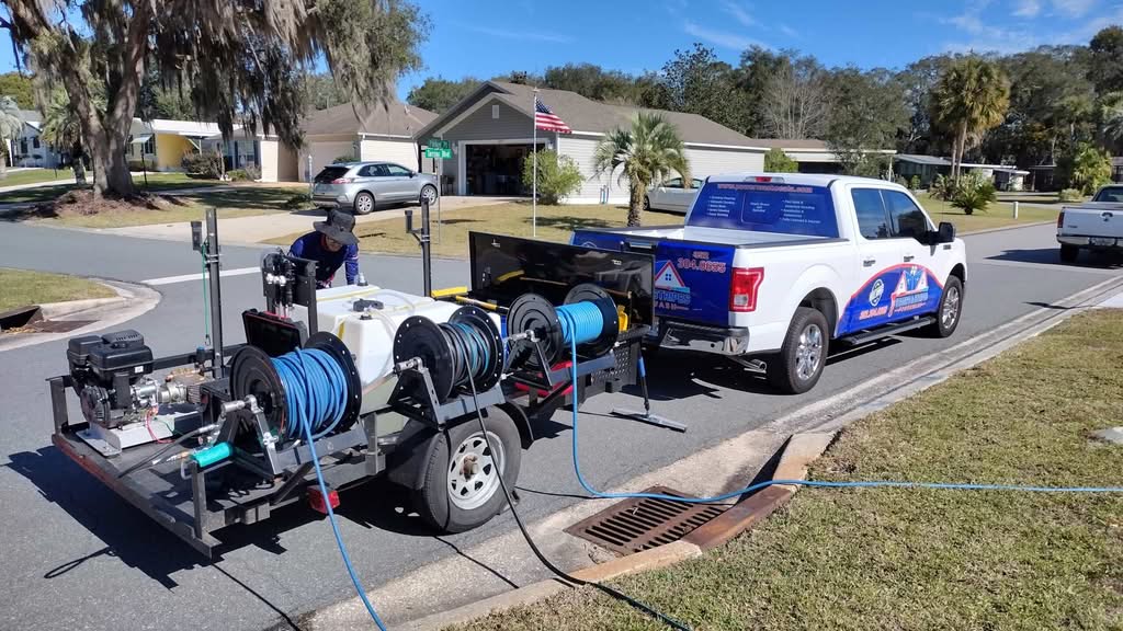 Marion County Hub 6 A technician with Stars and Stripes Powerwash sets up a professional pressure washing trailer rig, complete with hose reels and a water tank, on a residential street in Ocala, FL.