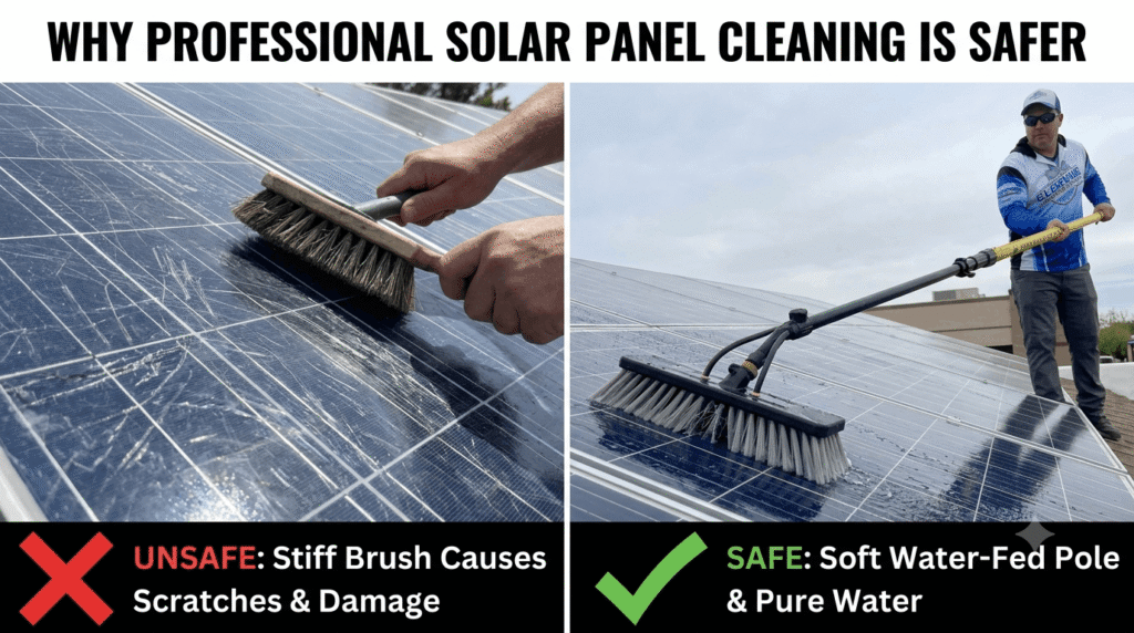 Solar Panel Cleaning in Florida: Prevent Cell Damage (2026) 3 A comparative infographic showing the difference between unsafe DIY scrubbing with a stiff brush and safe professional solar panel cleaning using a water-fed pole in San Diego, CA.