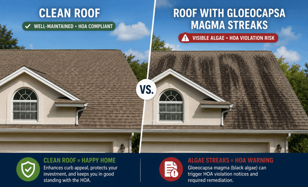 Stop Ocala HOA Warning Letters: Proven Summer Cleaning Guide 2 A before-and-after infographic showing a clean, well-maintained asphalt shingle roof on the left compared to a dirty roof covered in dark Gloeocapsa magma black algae streaks on the right, highlighting roof algae cleaning needs in Ocala, FL.