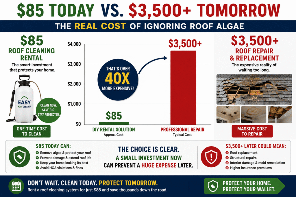 Stop! Renting a Pressure Washer Costs Thousands (2026) 3 An educational cost comparison infographic titled '85 Dollars Today vs 3500 Plus Tomorrow: The Real Cost of Ignoring Roof Algae' showing a bar chart comparing a DIY cleaning rental solution against massive structural repair costs, optimized for roof cleaning equipment rental in Jacksonville, FL.