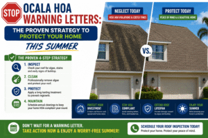 An infographic titled 'Stop Ocala HOA Warning Letters' showing a side-by-side comparison of a stained roof with algae versus a clean, protected roof, outlining a 4-step inspection and cleaning strategy for roof cleaning services in Ocala, FL.
