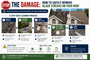 An informative infographic titled 'Stop the Damage: How to Safely Remove Black Streaks on Your Roof' breaking down a 5-step soft wash cleaning process, optimized for roof stain removal services in Tampa, FL.