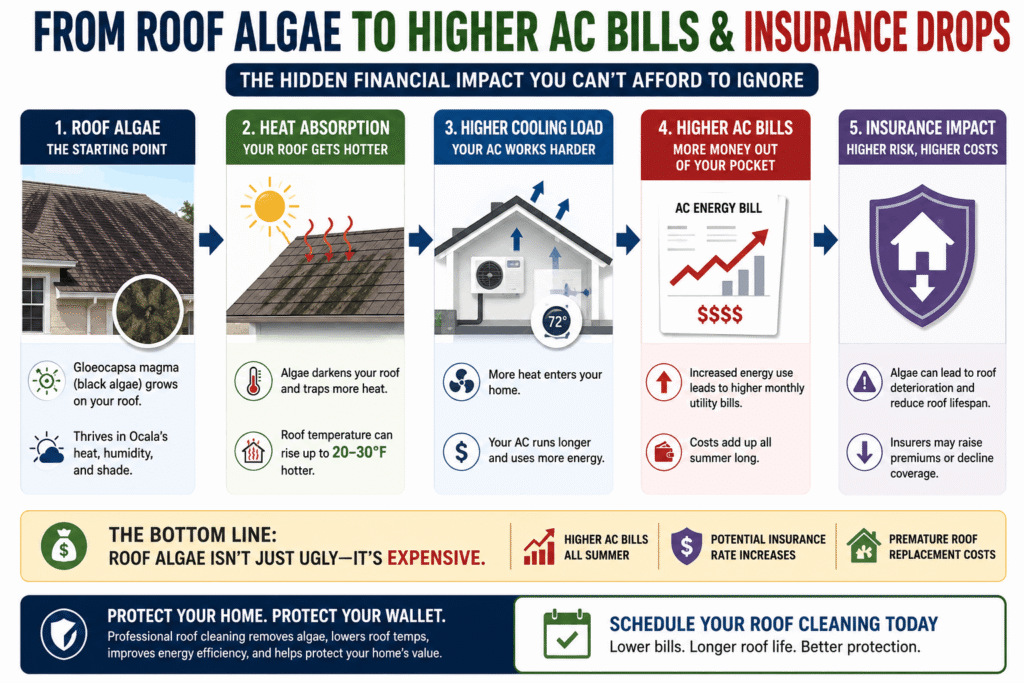 An educational infographic titled 'From Roof Algae to Higher AC Bills & Insurance Drops' detailing how black algae spikes roof temperatures by 20 to 30 degrees, leading to high utility bills and insurance risks, optimized for soft wash roof cleaning in Ocala, FL.