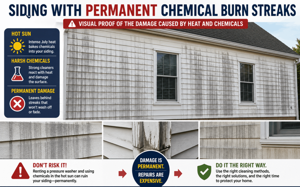 Stop! Renting a Pressure Washer Costs Thousands (2026) 2 An infographic titled 'Siding with Permanent Chemical Burn Streaks' showing a house with severe vertical stains on white horizontal siding caused by renting a pressure washer and using harsh chemicals in the hot July sun, warning homeowners in Atlanta, GA.