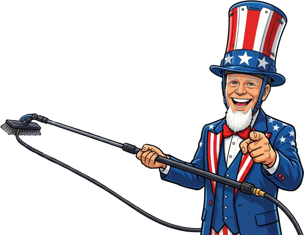 Solar Panel Cleaning 2 Cartoon illustration of Uncle Sam smiling and pointing forward while holding a long water-fed pole brush, representing professional window cleaning services in Orlando, FL.