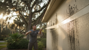 exterior house cleaning removing black algae streaks from Ocala FL stucco home