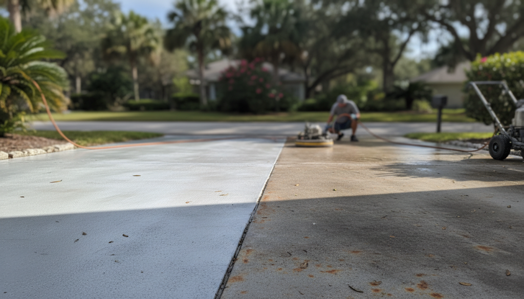 Ocala Homeowners: Here's How Driveway Cleaning Erases Stubborn Stains 3 sealed concrete driveway after cleaning in Marion County Florida