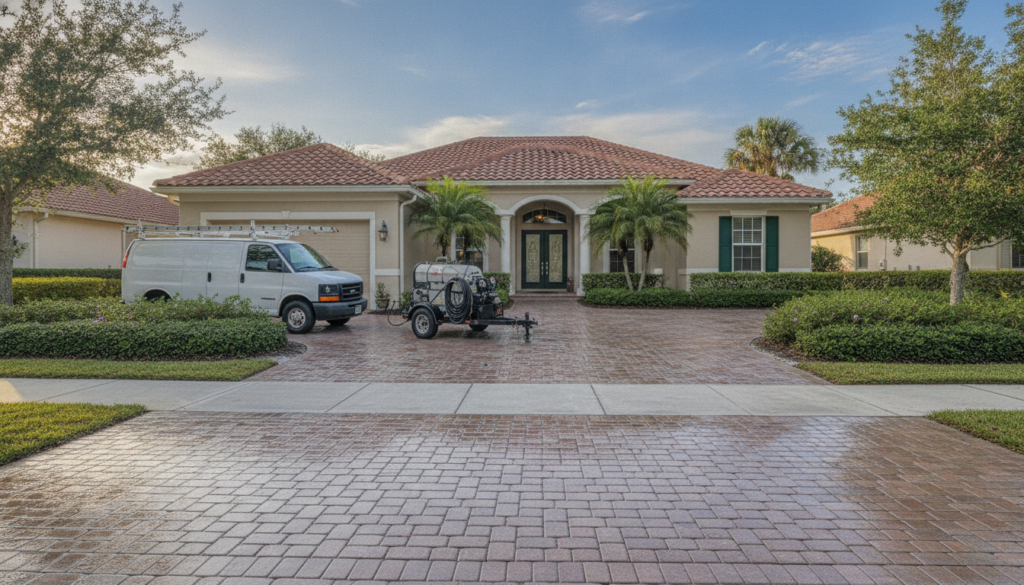 Why Paver Sealing Homosassa Springs Homeowners Trust Lasts Longer 2 freshly sealed brick paver driveway drying in Florida sunlight