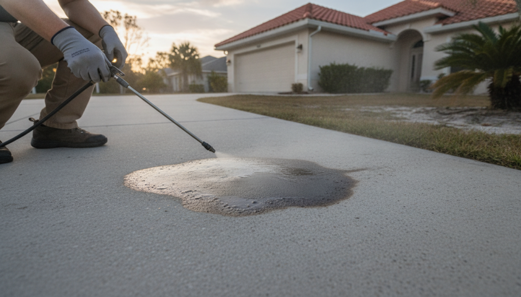 Limestone Creek FL Driveway Cleaning: Your Complete 2026 Stain-Removal Guide 1 driveway cleaning limestone creek fl technician treating an oil stain before pressure washing