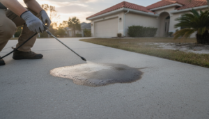 driveway cleaning limestone creek fl technician treating an oil stain before pressure washing