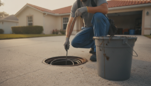 technician performing drain cleaning Silver Springs Shores FL homeowner scheduled after repeated backups