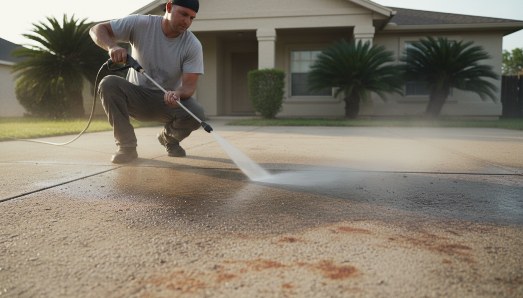 Your Guide to a Driveway Cleaner Limestone Creek FL Homeowners Trust 1 driveway cleaner limestone creek fl technician pressure washing a stained concrete driveway