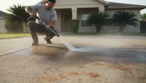 driveway cleaner limestone creek fl technician pressure washing a stained concrete driveway