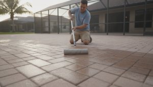 paver sealing Homosassa Springs technician applying sealant to backyard patio