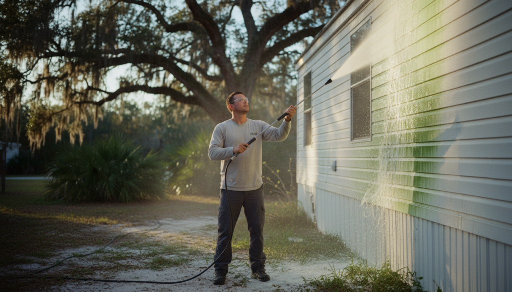 Your Guide to Mobile Home Pressure Washing Near Me in Ocala 1 mobile home pressure washing near me technician soft washing vinyl siding in Ocala