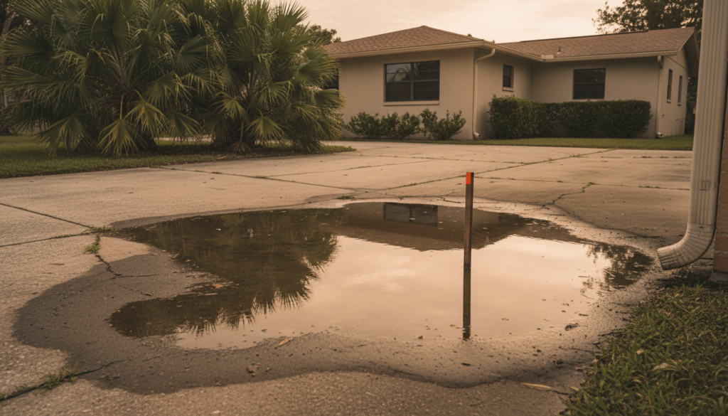 Silver Springs Shores FL Drain Cleaning: Clogged Drain Fixes That Last 2 standing water pooling near a Silver Springs Shores driveway before drainage repair