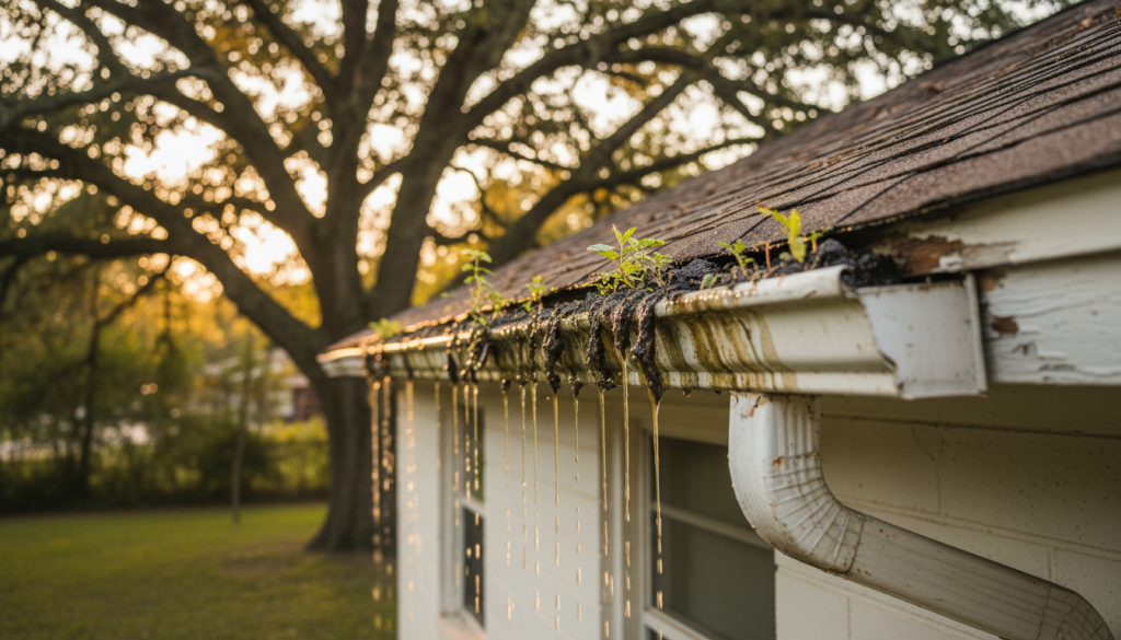 Gutter Cleaning Cleaning Tips Every Ocala Homeowner Needs in 2026 2 overflowing clogged gutter before professional gutter cleaning near a Marion County home