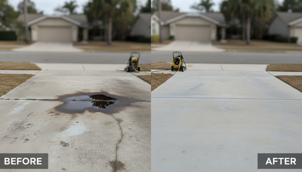 Ocala Homeowners: Here's How Driveway Cleaning Erases Stubborn Stains 1 driveway cleaning before and after showing removed oil and mold stains on Ocala concrete