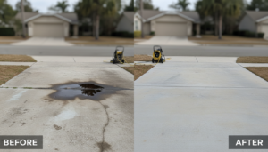 driveway cleaning before and after showing removed oil and mold stains on Ocala concrete