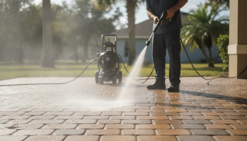 Silver Springs Shores East Paver Sealing: A Homeowner's Guide for 2026 2 pressure washer prepping pavers before sealing application