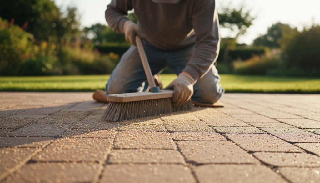 Paver Sealing Sumter County Homeowners Trust for Lasting Curb Appeal 2 technician re-sanding paver joints before sealing
