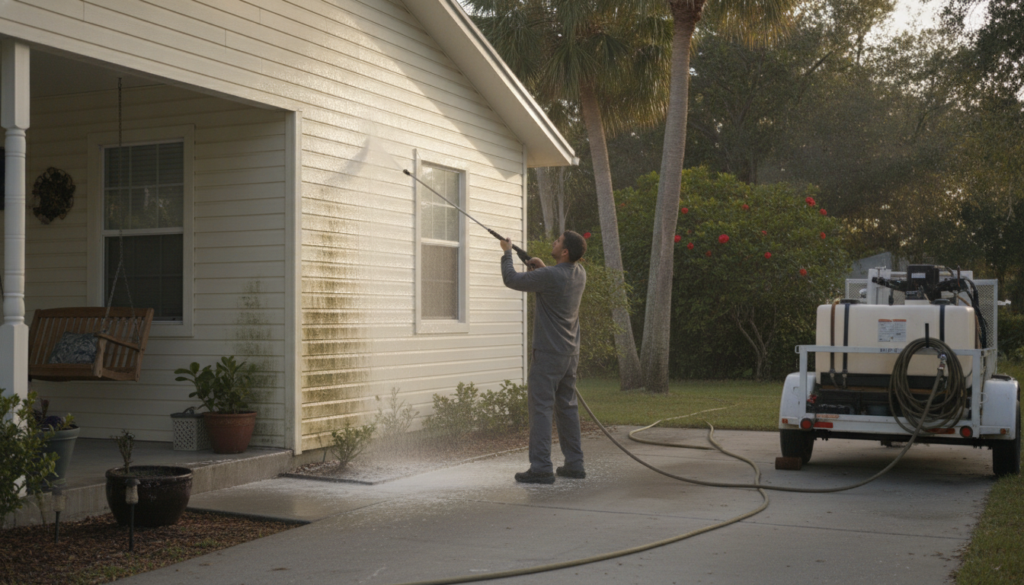 Ocala's Guide to Spotless Exterior House Cleaning in 2026 2 professional exterior house cleaning technician soft washing siding in Ocala FL