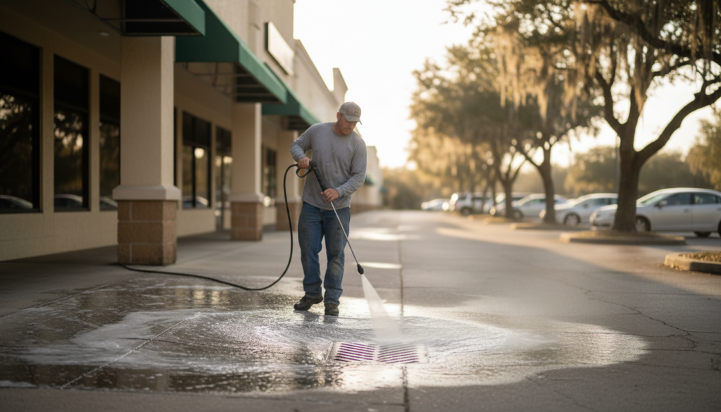 Power Washing in Ocala: A Homeowner's Guide to Spotless Results 2 commercial power washing service cleaning a storefront sidewalk in Ocala
