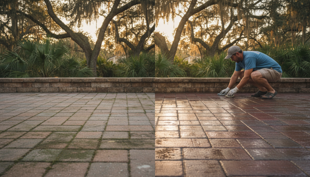 Paver Sealing in Lake Panasoffkee: Protect Your Pavers for Good 1 paver sealing lake panasoffkee patio before and after treatment