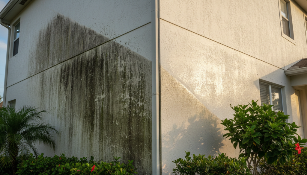 before and after house exterior soft wash showing algae removal on stucco home
