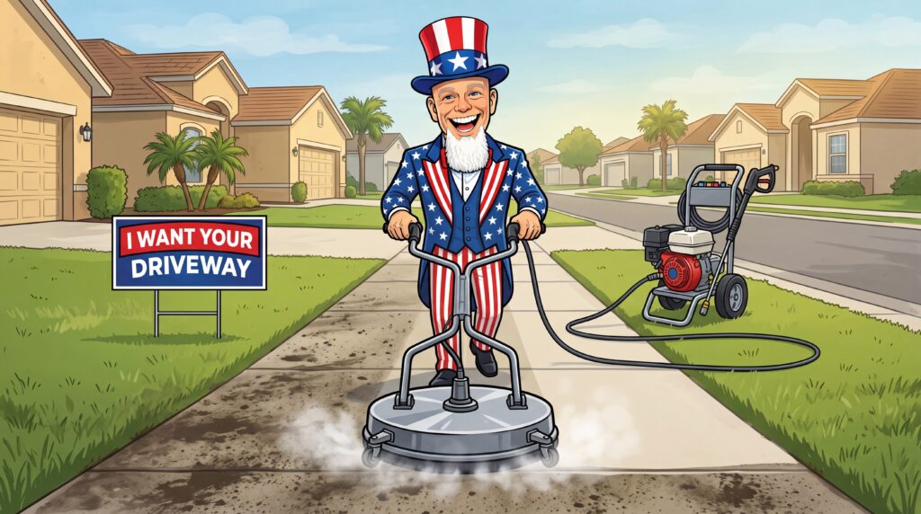construction cleaning company crew pressure washing a new build driveway in Ocala