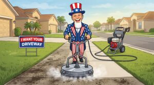 construction cleaning company crew pressure washing a new build driveway in Ocala