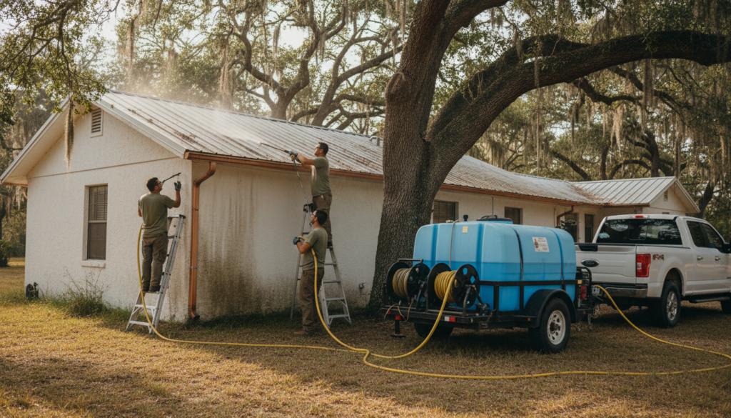 Finding Reliable Local Pressure Washing Services Near Ocala, FL 3 exterior pressure washing crew treating stucco siding in Dunnellon FL