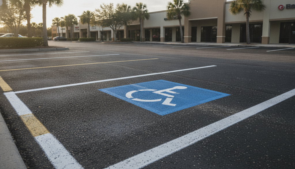 freshly painted parking lot striping ocala, fl with bold white lines and ADA symbol