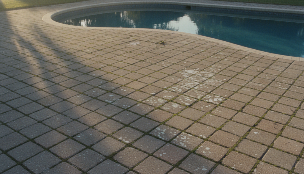 green algae stains on paver pool decks in ocala fl before professional cleaning